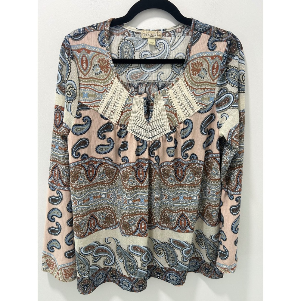 Live and Let Live Petite XL Paisley Crochet Lace Trim Blouse Pink Blue Boho Top